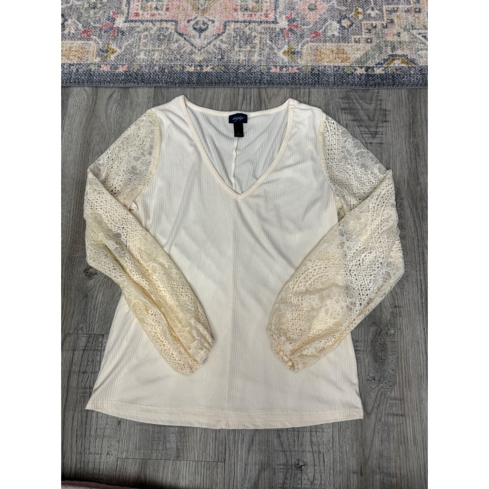 Daytrip Womens Ribbed V-Neck Top Cream Lace Balloon Sleeve Blouse Ivory Large - Picture 1 of 4